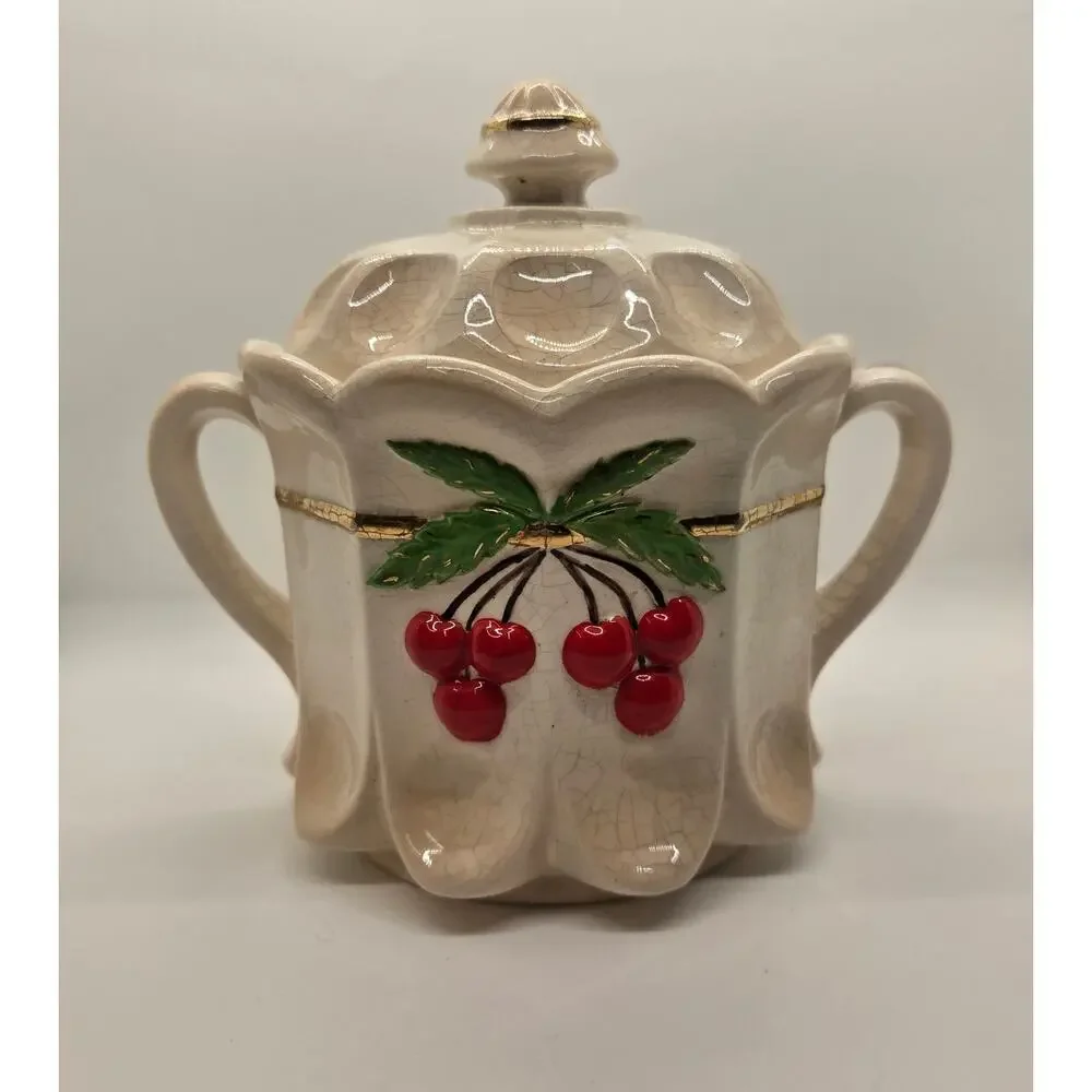 Vintage Westmoreland Milk Glass Hand Painted Cherry Thumbprint Panel Cookie Jar